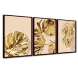 Quadro Premium Textura Cx Alta Folhas Ouro Em Bege 3un 40x60 Titulo Moldura Madeira