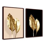 Quadro Premium Textura Cx Alta Folhas De Ouro 3 2un 40x60 Titulos Moldura Madeira