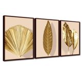 Quadro Premium Textura Cxalta Folhas Ouro Em Bege4 3un 40x60 Titulos Moldura Madeira