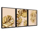 Quadro Premium Textura Cx Alta Folhas Ouro Em Bege 3un 40x60 Titulos Moldura Preta