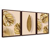 Quadro Premium Textura Cxalta Folhas Ouro Em Bege3 3un 40x60 Titulos Moldura Madeira