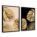 Quadro Premium Textura Cx Alta Folhas De Ouro 6 2un 40x60 Titulos Moldura Preta