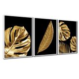 Quadro Premium Textura Cxalta Folha Ouro Em Preto1 3un 40x60 Titulos Moldura Branca