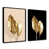 Quadro Premium Textura Cx Alta Folhas De Ouro 3 2un 40x60 Titulos Moldura Preta