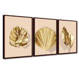 Quadro Premium Textura Cxalta Folhas Ouro Em Bege2 3un 40x60 Titulos Moldura Madeira