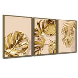 Quadro Premium Textura Cx Alta Folhas Ouro Em Bege 3un 40x60 Titulo Moldura Caqui