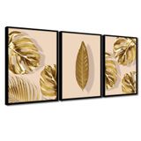 Quadro Premium Textura Cxalta Folhas Ouro Em Bege3 3un 40x60 Titulos Moldura Preta