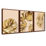 Quadro Premium Textura Cx Alta Folhas Ouro Em Bege 3un 40x60 Titulos Moldura Ocre