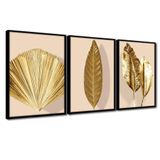 Quadro Premium Textura Cxalta Folhas Ouro Em Bege4 3un 40x60 Titulos Moldura Preta