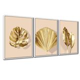 Quadro Premium Textura Cxalta Folhas Ouro Em Bege2 3un 40x60 Titulos Moldura Branca