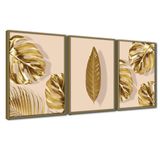 Quadro Premium Textura Cxalta Folhas Ouro Em Bege3 3un 40x60 Titulos Moldura Caqui