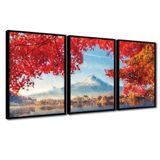 Quadros Premium Textura Cxalta Monte Fuji Outono 40x60 3un Titulos Moldura Preta