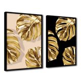 Quadro Premium Textura Cx Alta Folhas De Ouro 5 2un 40x60 Titulos Moldura Preta