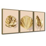 Quadro Premium Textura Cxalta Folhas Ouro Em Bege2 3un 40x60 Titulos Moldura Caqui