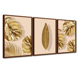 Quadro Premium Textura Cxalta Folhas Ouro Em Bege3 3un 40x60 Titulos Moldura Ocre