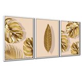 Quadro Premium Textura Cxalta Folhas Ouro Em Bege3 3un 40x60 Titulos Moldura Branca