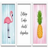 Conjunto Quadros Decorativos 3 Peças 40x60 Flamingo Abacaxi Titulo Moldura Branca