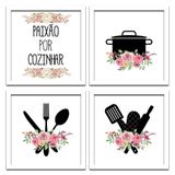 Conjunto Quadros Decorativos 4pç 20x20 Paixão Por Cozinhar 2 Titulo Moldura Branca