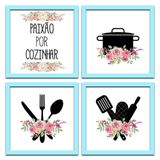 Conjunto Quadros Decorativos 4pç 20x20 Paixão Por Cozinhar 2 Titulo Moldura Azul