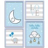 Conjunto Quadros Decorativos 4 Peças Menino Estrelinha Titulo Moldura Azul Clara