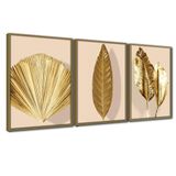 Quadro Premium Textura Cxalta Folhas Ouro Em Bege4 3un 40x60 Titulo Moldura Caqui