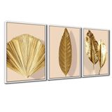 Quadro Premium Textura Cxalta Folhas Ouro Em Bege4 3un 40x60 Titulo Moldura Branca