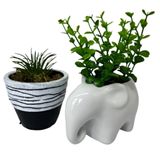 Conjunto Decoração Elefante Branco Cerâmico + Vaso Artesanal