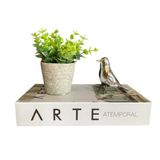 Kit Decoração Livro Arte + Vaso Artesanal + Pássaro Prata