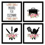 Conjunto Quadros Decorativos 4pç 20x20 Paixão Por Cozinhar 2 Titulos Moldura Preta