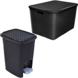 Lixeira Rattan Luxo Pedal 7l + Caixa Organizadora 40l Preta