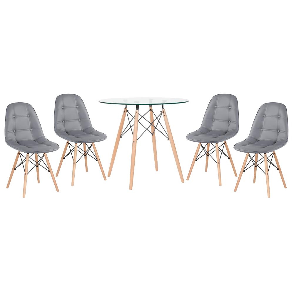 Kit - Mesa de vidro Eames 80 cm + 4 cadeiras estofadas Eiffel Botonê cinza escuro