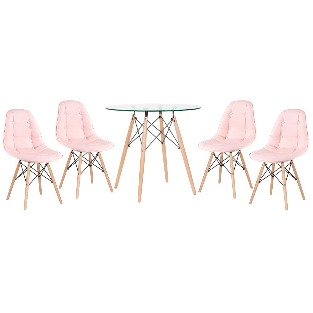 Kit - Mesa de vidro Eames 80 cm + 4 cadeiras estofadas Eiffel Botonê rosa