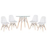 Kit - Mesa de vidro Eames 80 cm + 4 cadeiras estofadas Eiffel Botonê branco