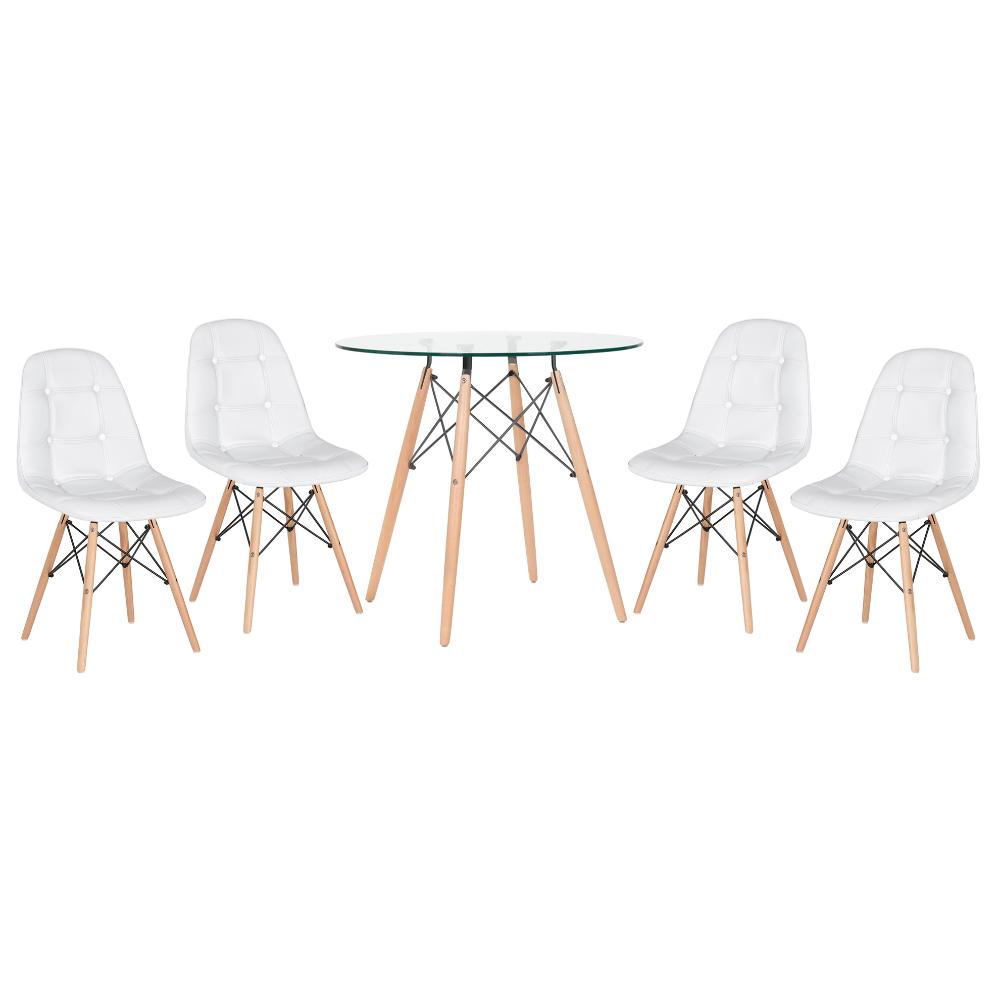 Kit - Mesa de vidro Eames 80 cm + 4 cadeiras estofadas Eiffel Botonê branco