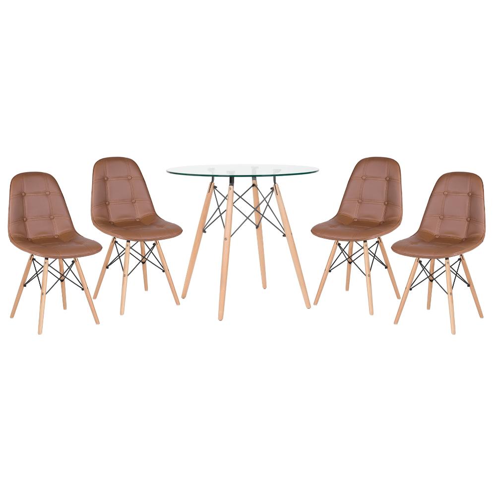 Kit - Mesa de vidro Eames 80 cm + 4 cadeiras estofadas Eiffel Botonê marrom