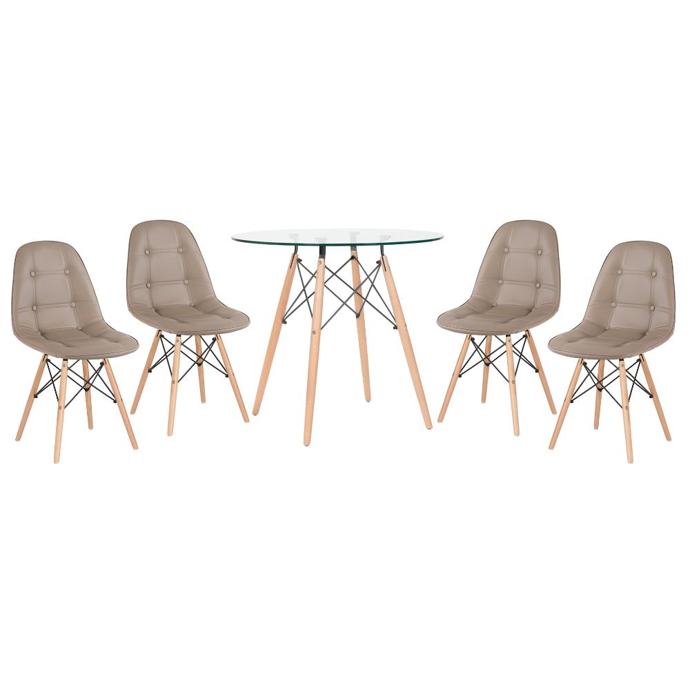 Kit - Mesa de vidro Eames 80 cm + 4 cadeiras estofadas Eiffel Botonê nude