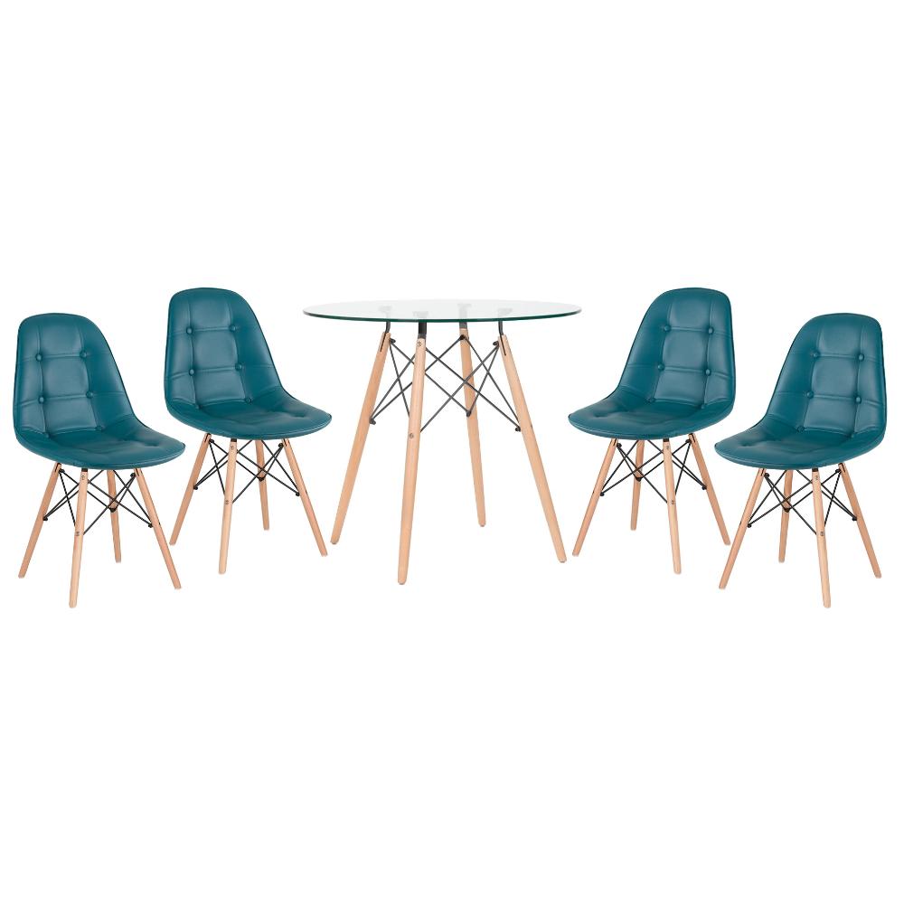 Kit - Mesa de vidro Eames 80 cm + 4 cadeiras estofadas Eiffel Botonê turquesa