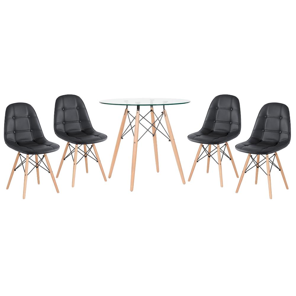 Kit - Mesa de vidro Eames 80 cm + 4 cadeiras estofadas Eiffel Botonê preto