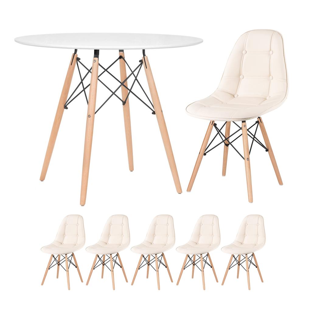 Kit - Mesa Eames 90 cm branco + 5 cadeiras estofadas Eiffel Botonê creme