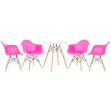 Kit - Mesa Eames 70 cm branco + 4 cadeiras Eiffel DAW com braços rosa pink