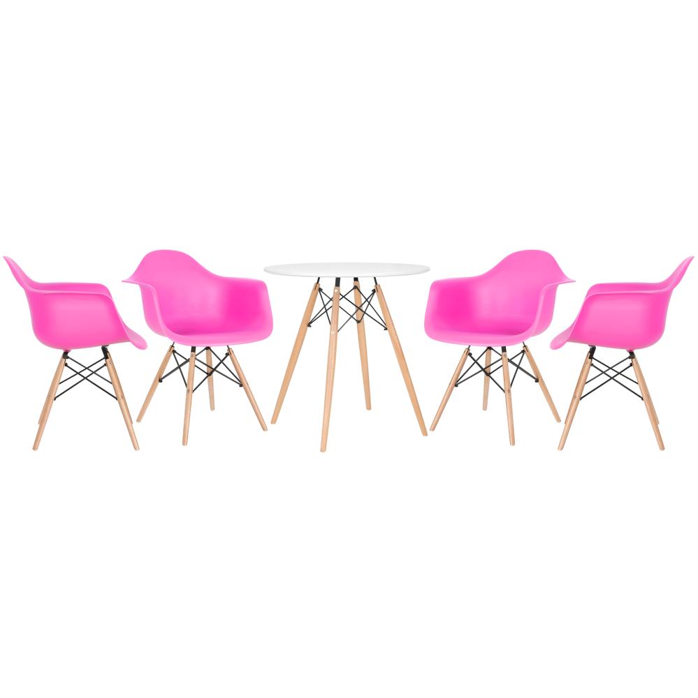 Kit - Mesa Eames 70 cm branco + 4 cadeiras Eiffel DAW com braços rosa pink