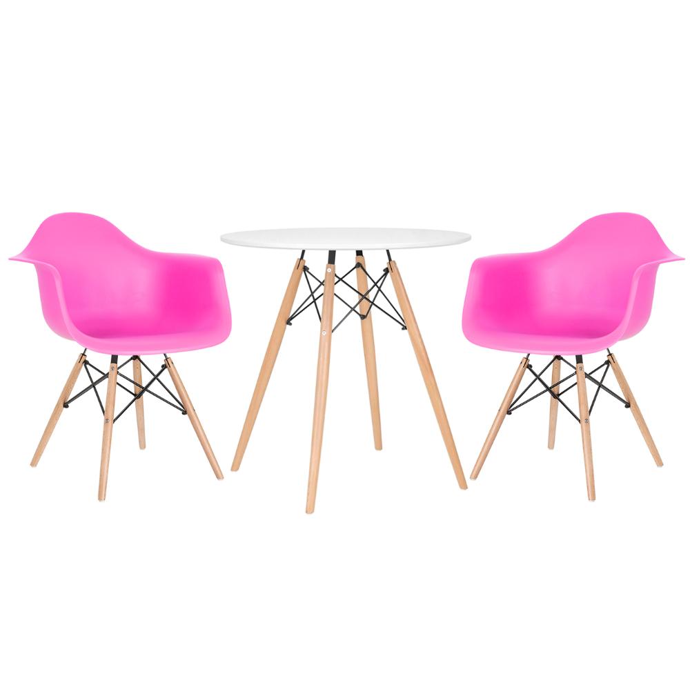 Kit - Mesa Eames 70 cm branco + 2 cadeiras Eiffel DAW com braços rosa pink