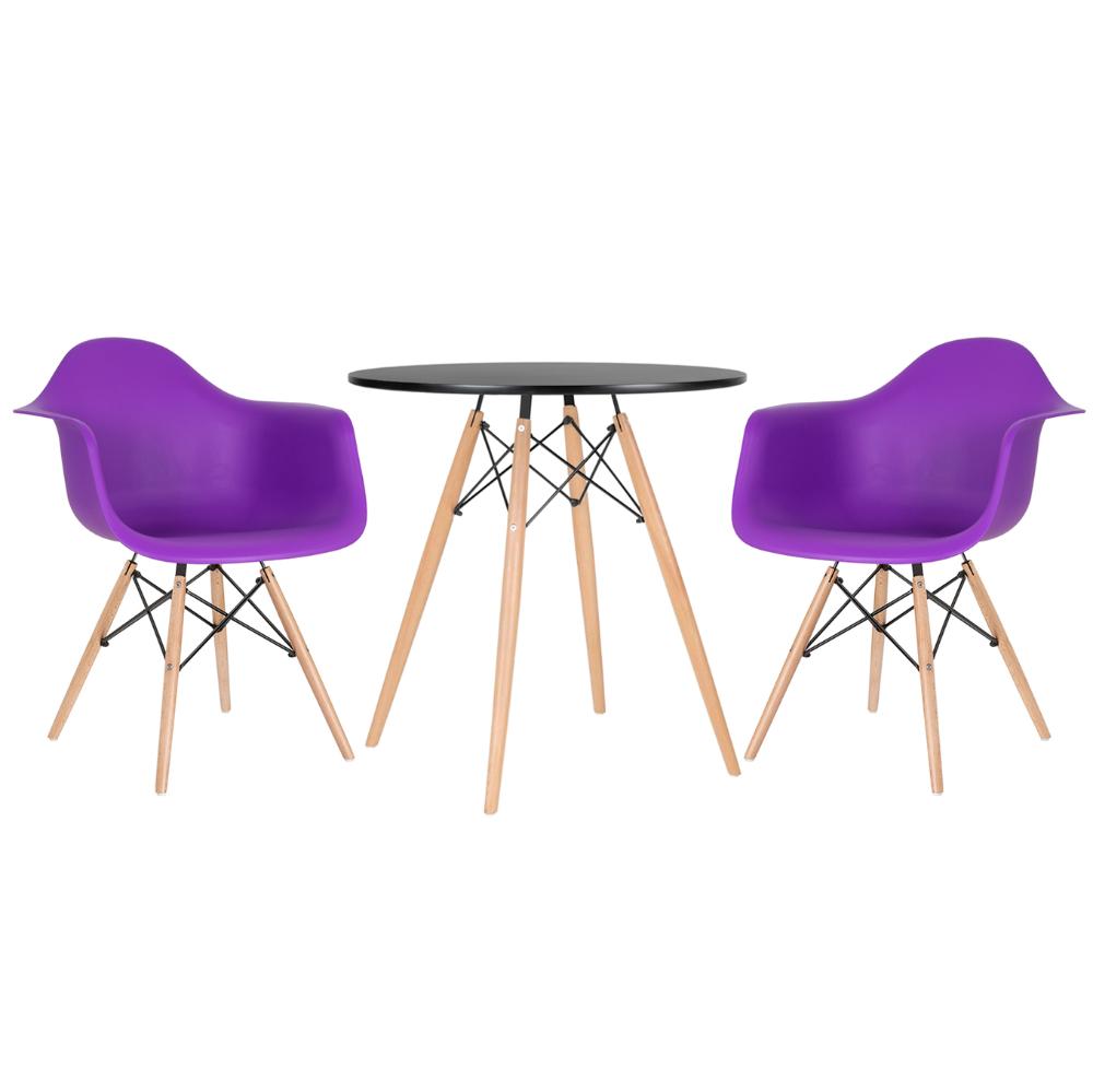 Kit - Mesa Eames 70 cm preto + 2 cadeiras Eiffel DAW com braços roxo