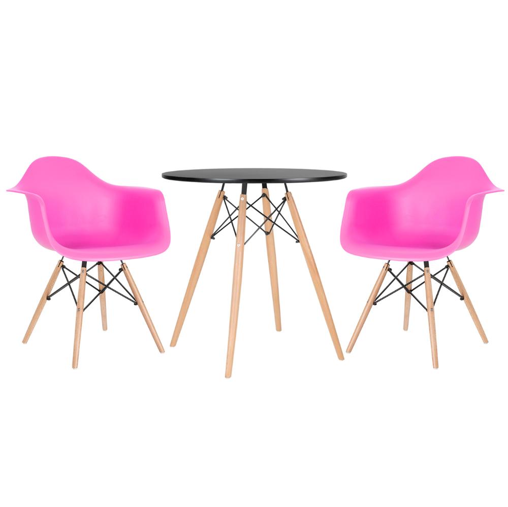 Kit - Mesa Eames 70 cm preto + 2 cadeiras Eiffel DAW com braços rosa pink