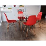 Conjunto De Mesa De Jantar Eames Eiffel Redonda 110cm Tampo De Vidro Com 4 Cadeiras Vermelhas