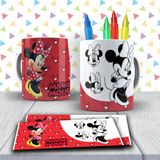 Kit Caneca Para Pintar Minnie Mouse Vermelha + Jogo De Canetinhas Laváveis