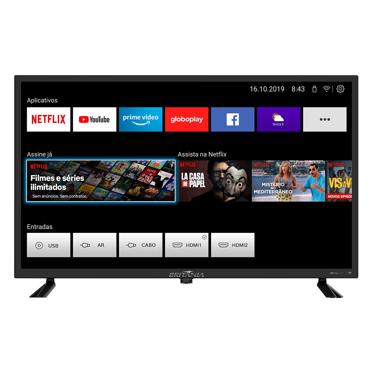 Smart TV D Led 32" Britania 99323100 HD (1366x768) WiFi Integrado Preta com Conversor Digital Integrado