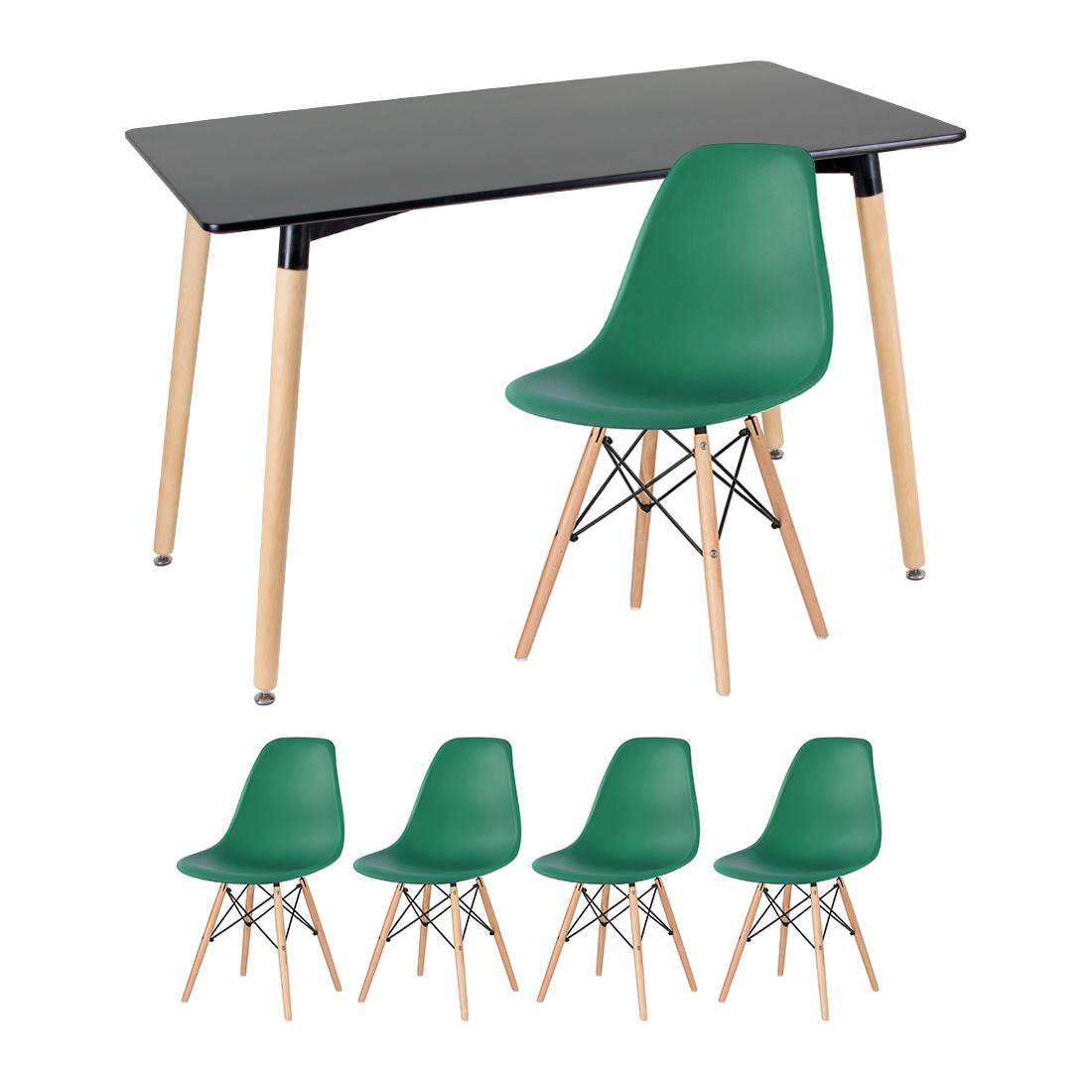 Kit - Mesa Retangular Eames 60 X 120 Cm Preto + 4 Cadeiras Eiffel Dsw Verde Escuro