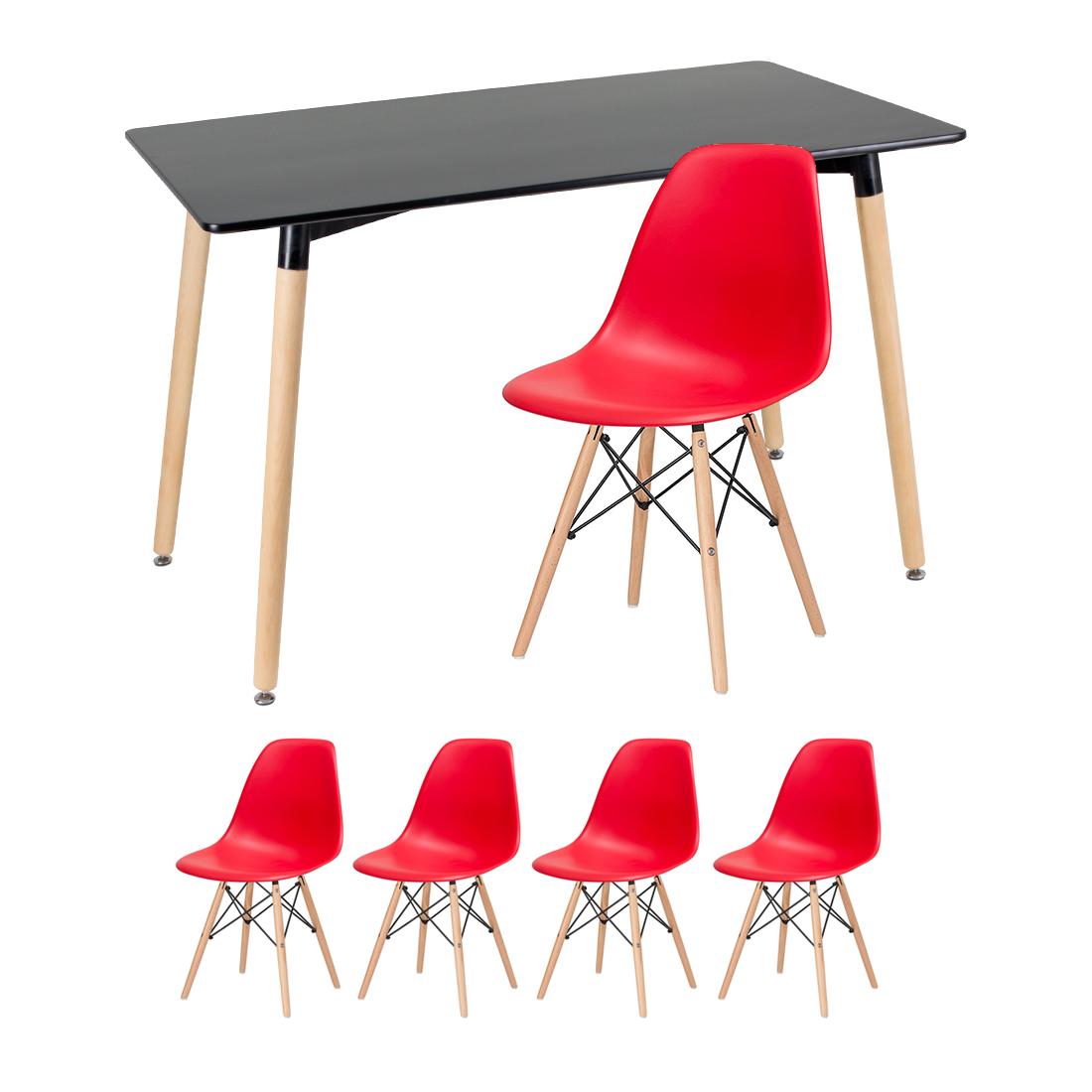 Kit - Mesa Retangular Eames 60 X 120 Cm Preto + 4 Cadeiras Eiffel Dsw Vermelho