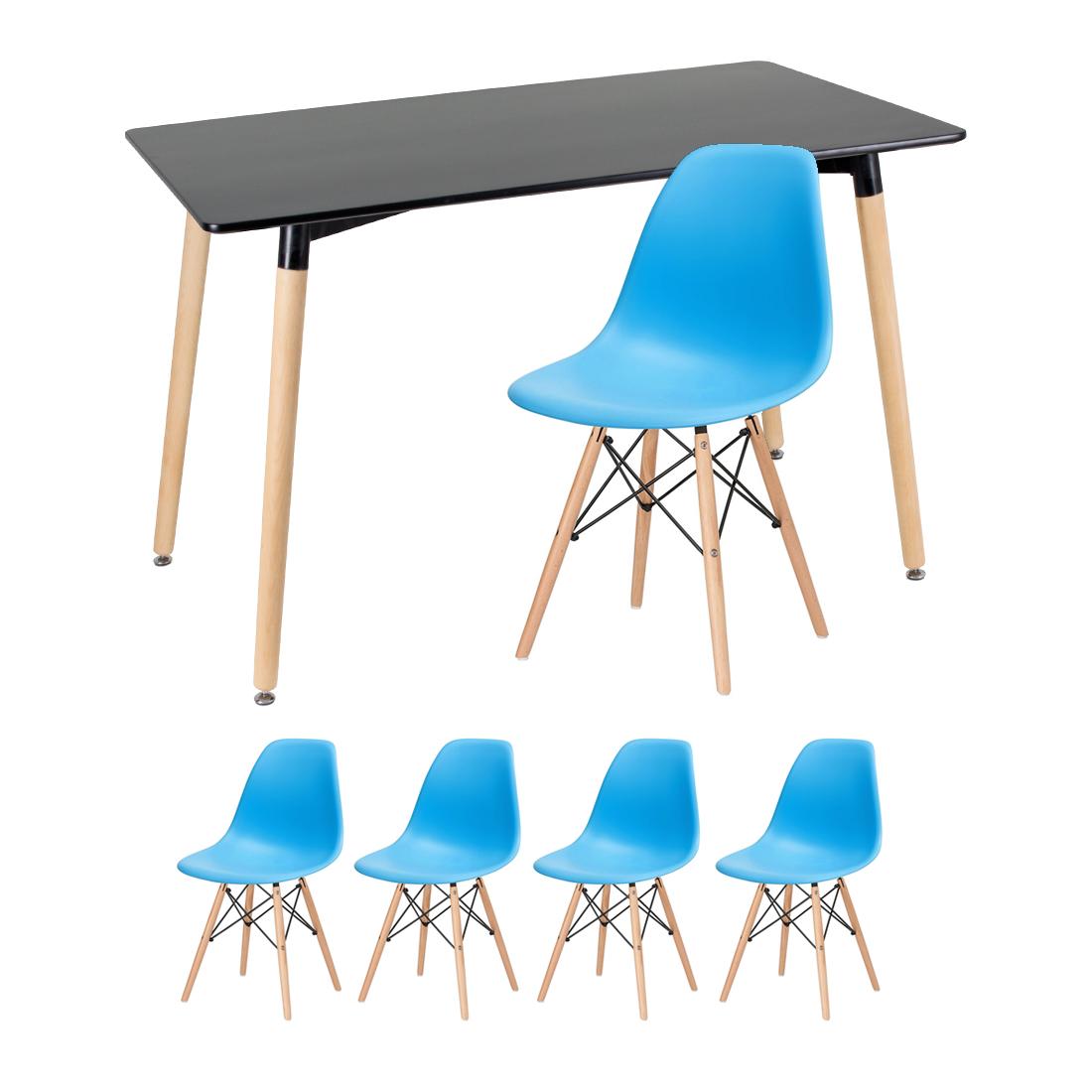 Kit - Mesa Retangular Eames 60 X 120 Cm Preto + 4 Cadeiras Eiffel Dsw Azul Céu